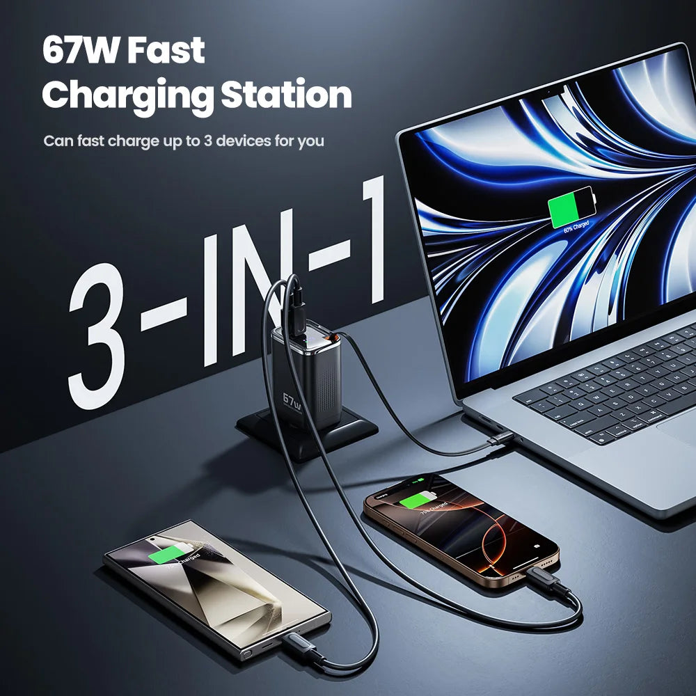 67W GaN Fast Charger – Triple Output with Display Screen