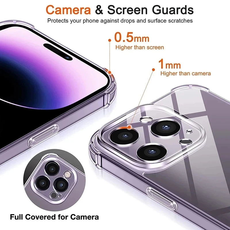 Shockproof Clear Silicone Phone Case with Lens Protection (Back Cover for iPhone Models)