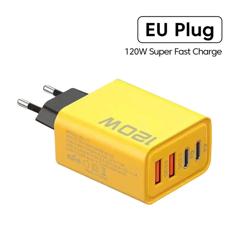 120W Multi-Port USB Fast Charger with Type-C PD & Quick Charge for EU/US