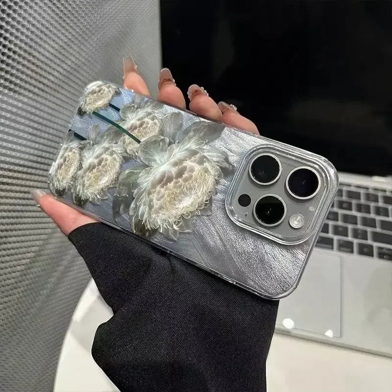 Five Golden Lotus Pattern Phone Case (Feather Texture Hard Cover for iPhone Models)