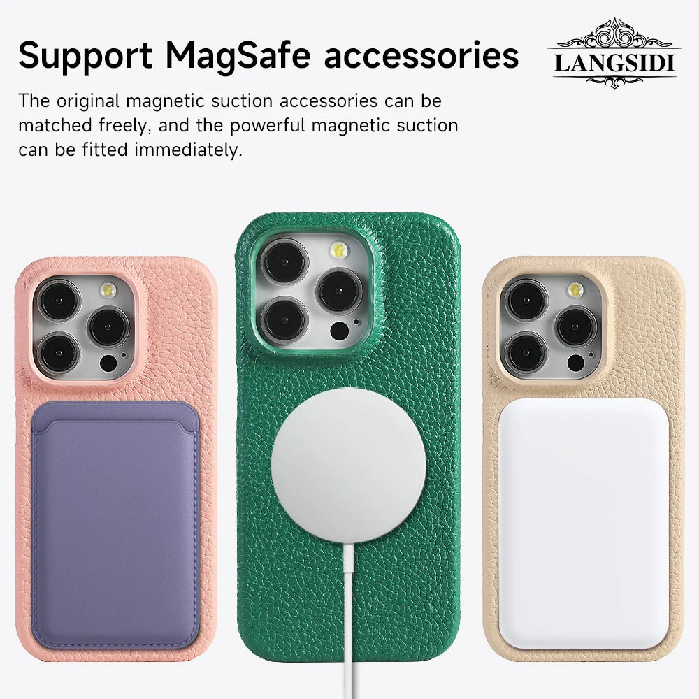Magnetic Leather Phone Case (Natural Cowhide Lychee Texture Back Cover)