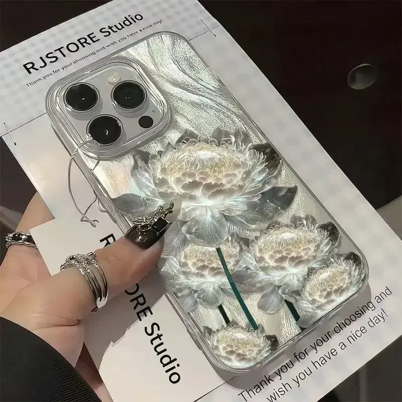 Five Golden Lotus Pattern Phone Case (Feather Texture Hard Cover for iPhone Models)