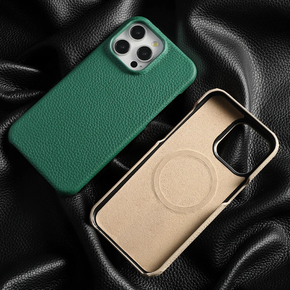 Magnetic Leather Phone Case (Natural Cowhide Lychee Texture Back Cover)
