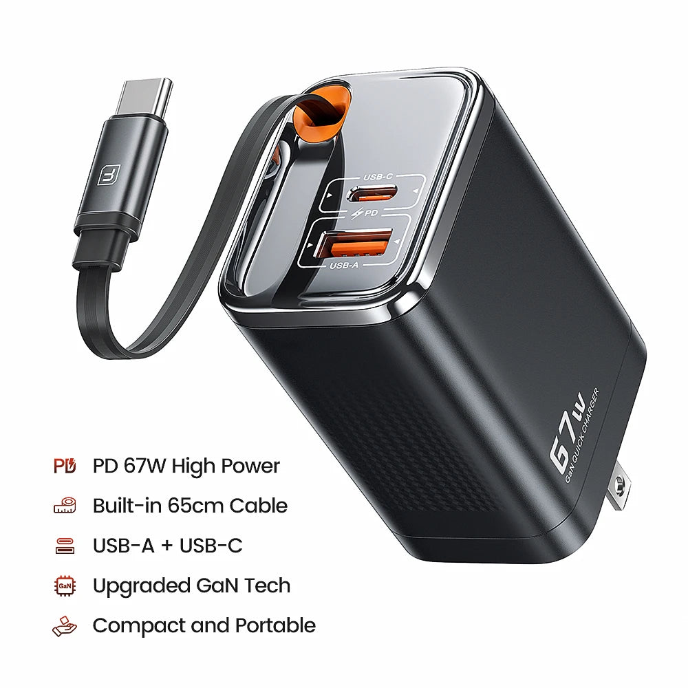 67W GaN Fast Charger – Triple Output with Display Screen