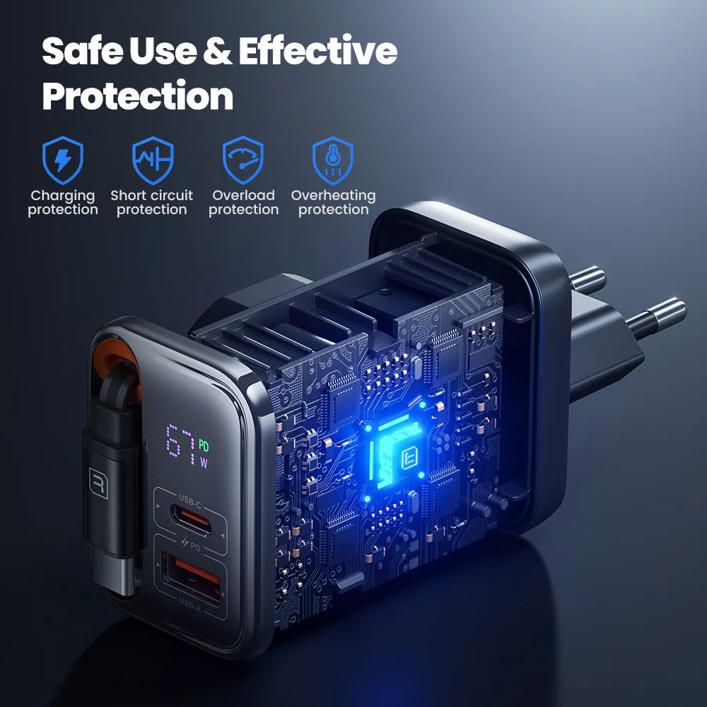 67W GaN Fast Charger – Triple Output with Display Screen