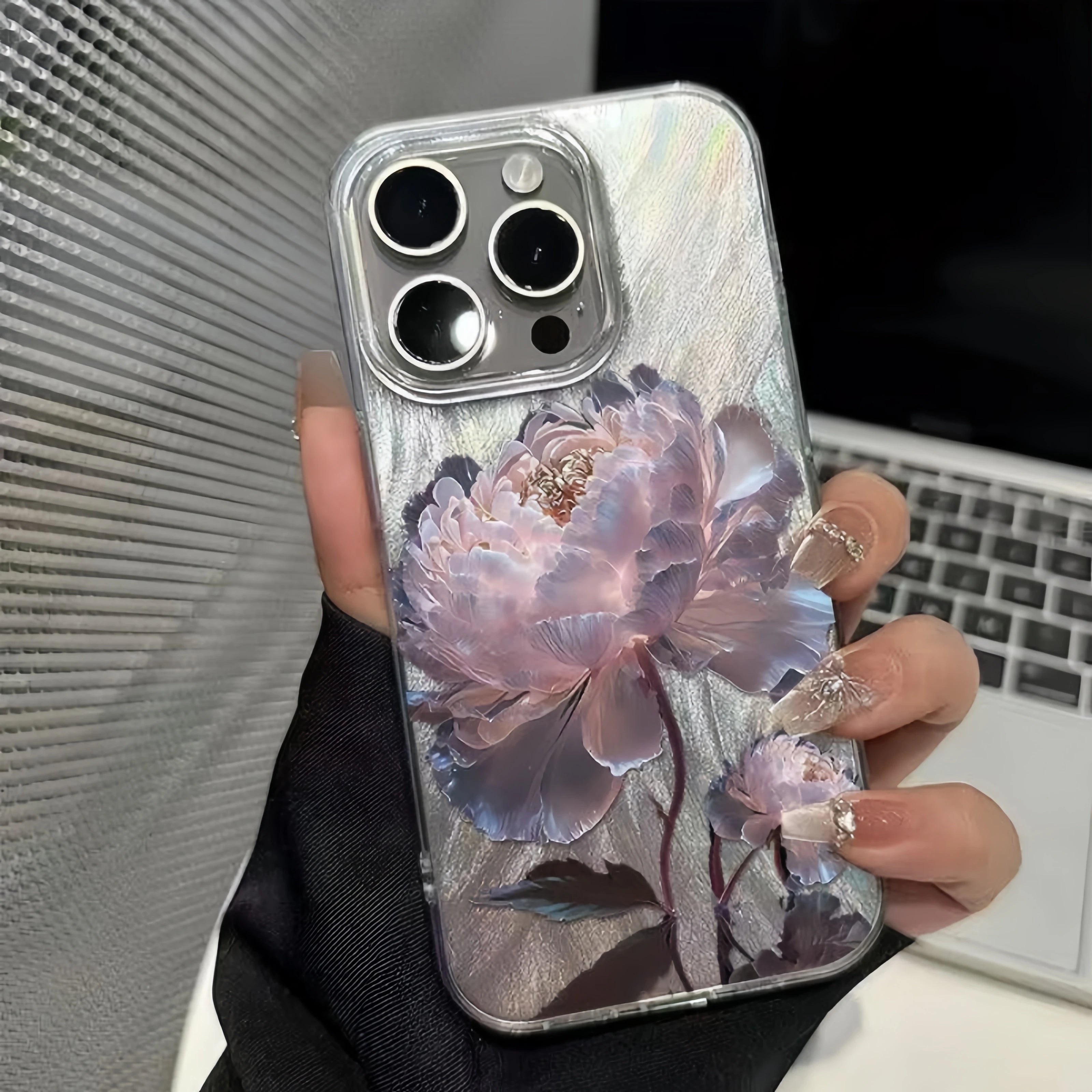 Five Golden Lotus Pattern Phone Case (Feather Texture Hard Cover for iPhone Models)